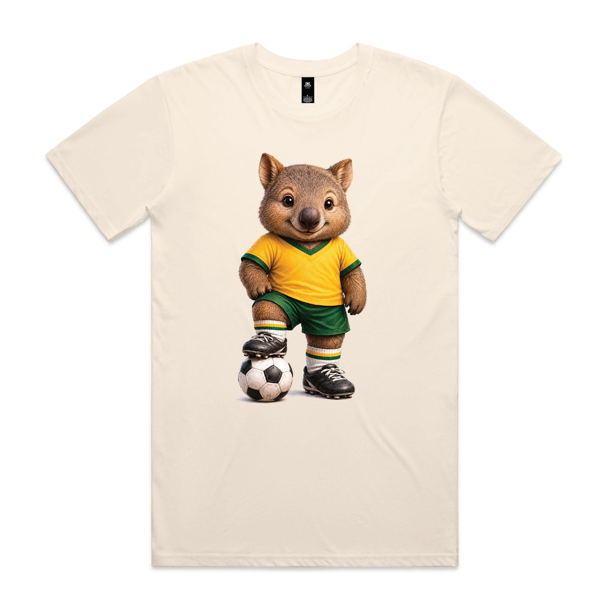 Tilly&Wilbur natural tee printed with an illustrated wombat soccer player in a green and gold kit with a soccer ball on a white background