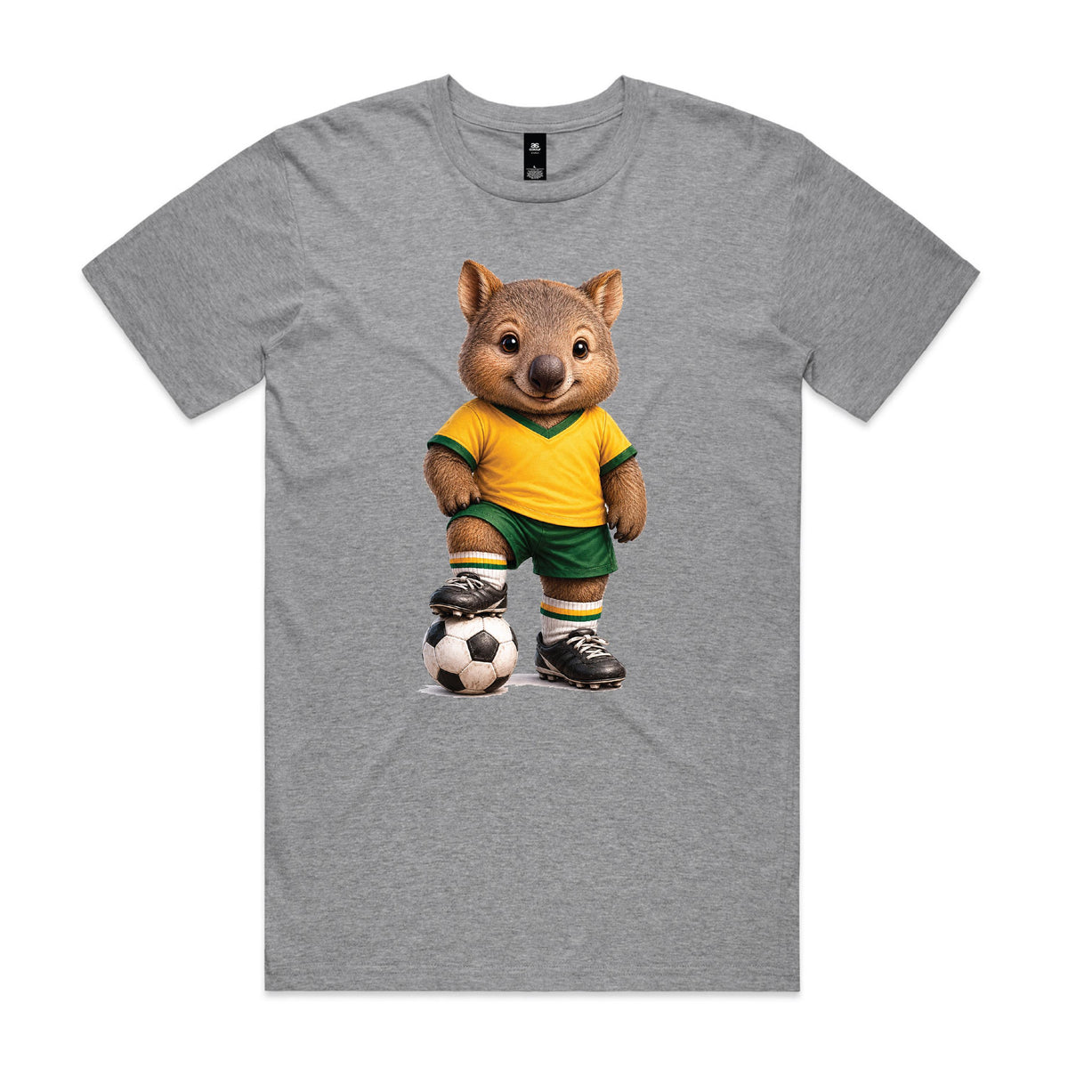 Tilly&Wilbur grey marle tee printed with an illustrated wombat soccer player in a green and gold kit with a soccer ball on a white background