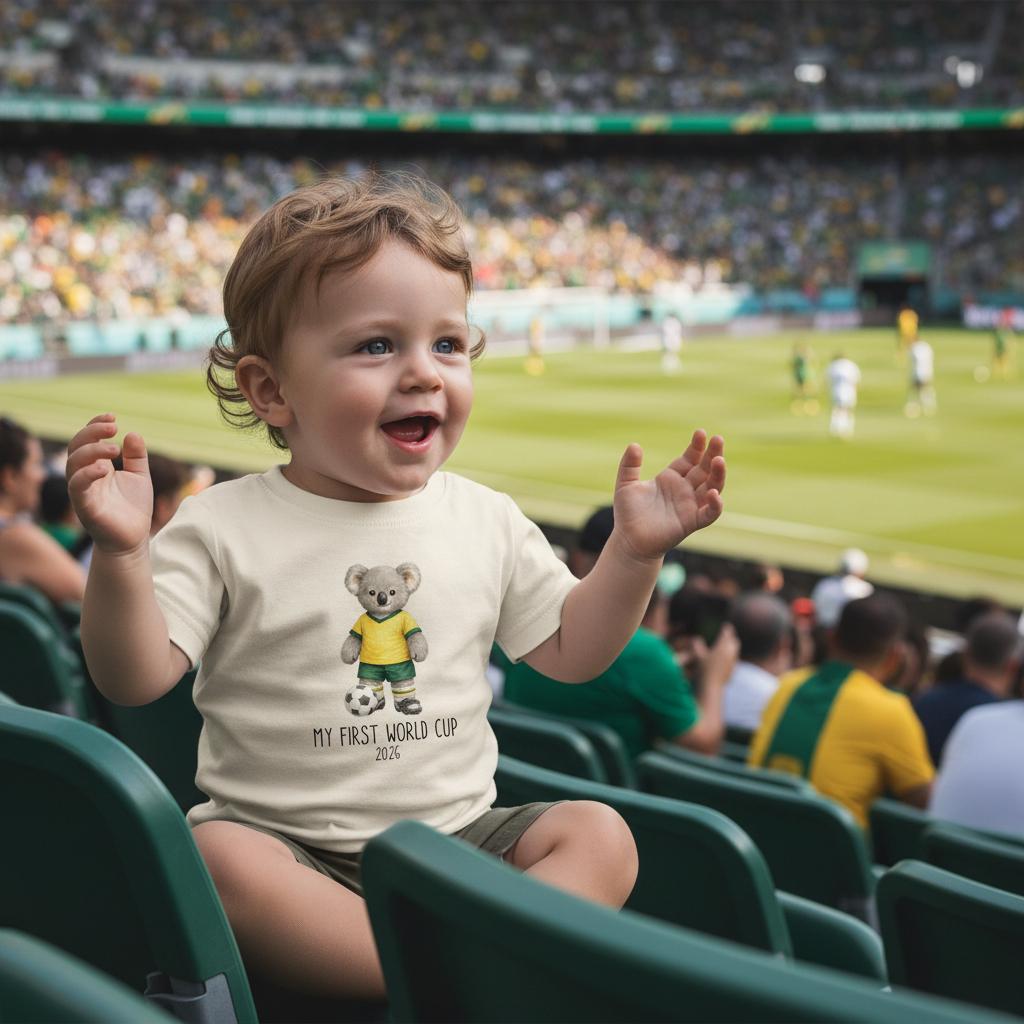 Tilly&Wilbur white natural infant t-shirt printed with a green and gold koala soccer player and "My First World Cup" with a personalised year, at a stadium.
