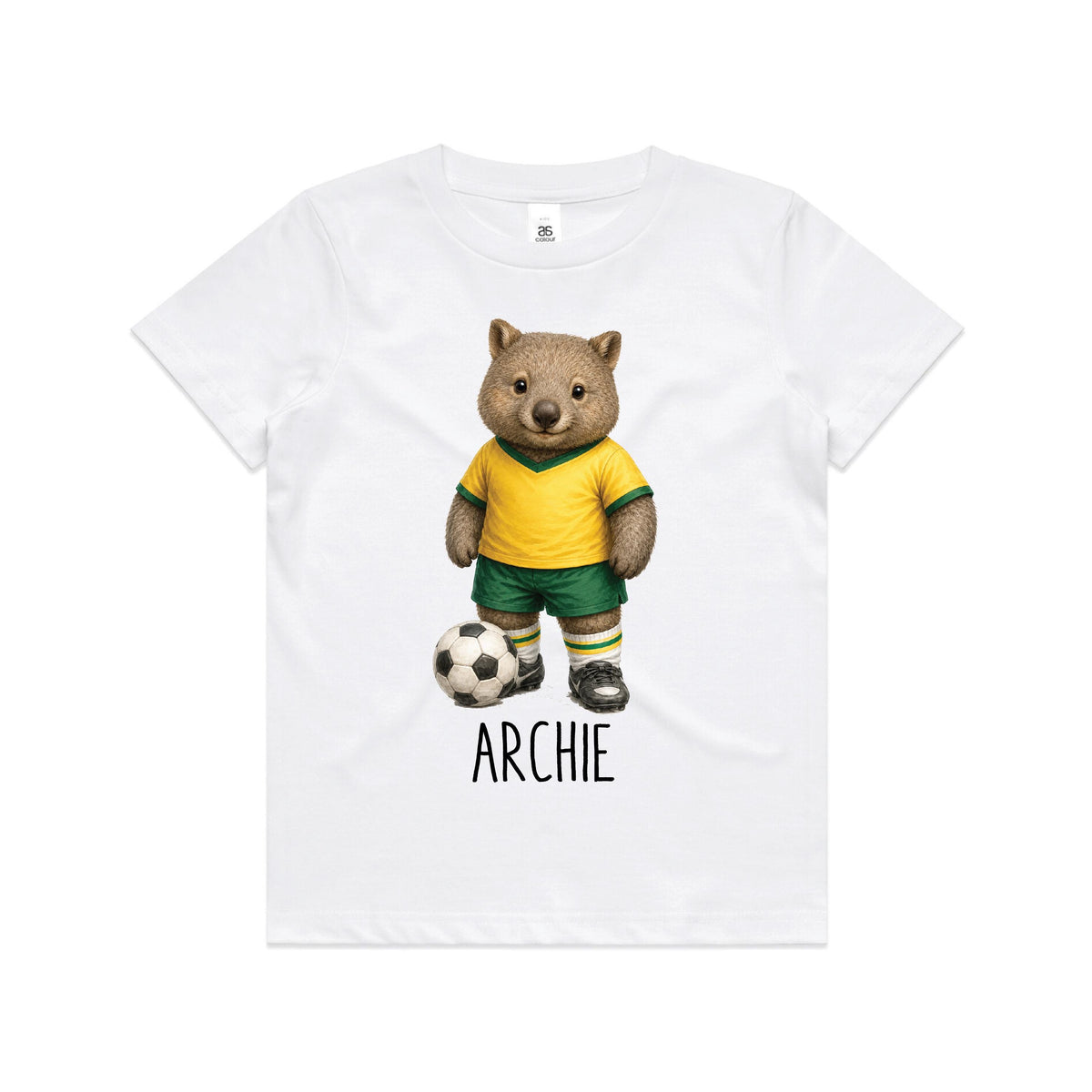 Tilly&Wilbur white kids tee printed with a green and gold wombat soccer player and a personalised name underneath on a white background