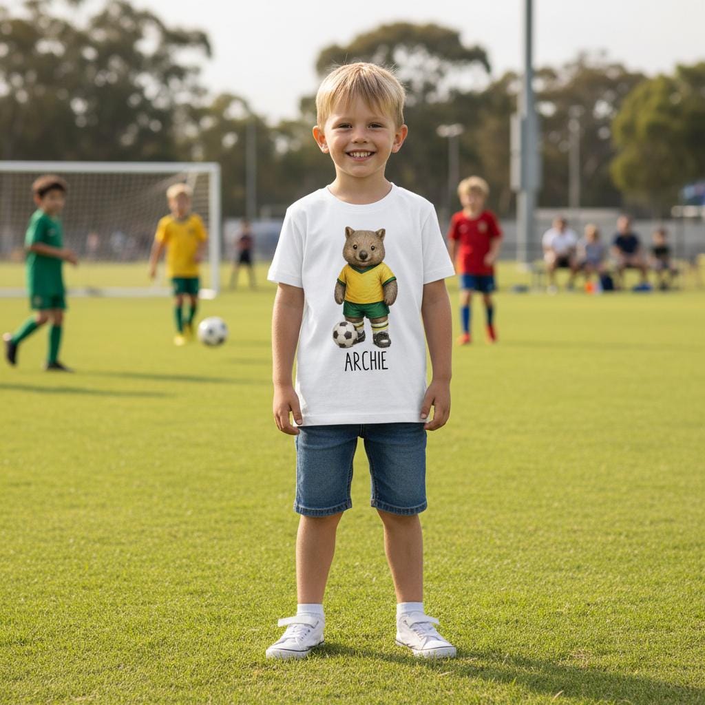 Tilly&Wilbur white kids tee printed with a green and gold wombat soccer player and a personalised name underneath.