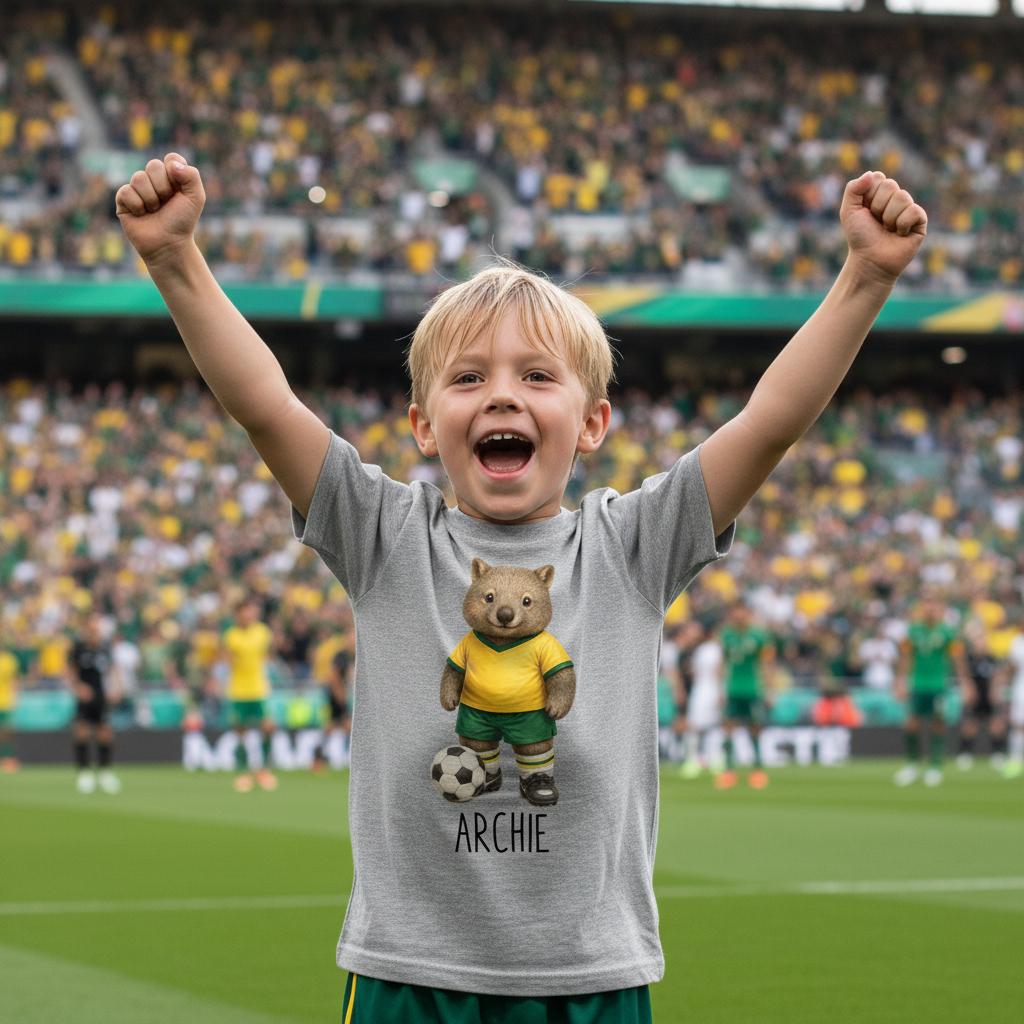 Tilly&amp;Wilbur grey marle kids tee printed with a green and gold wombat soccer player and a personalised name underneath.