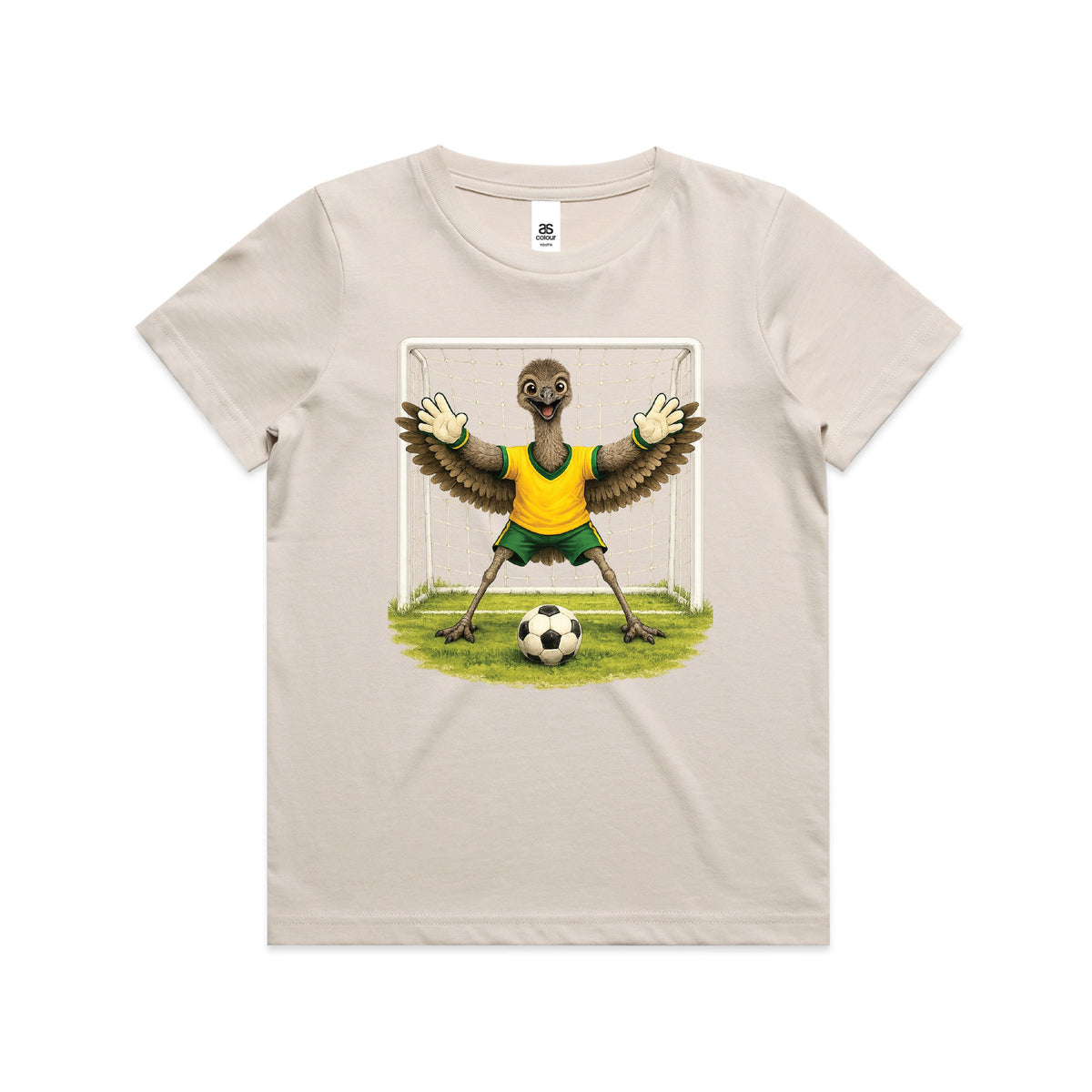 Tilly&Wilbur bone kids tee printed with an illustrated emu goalkeeper in a green and gold soccer kit on a white background