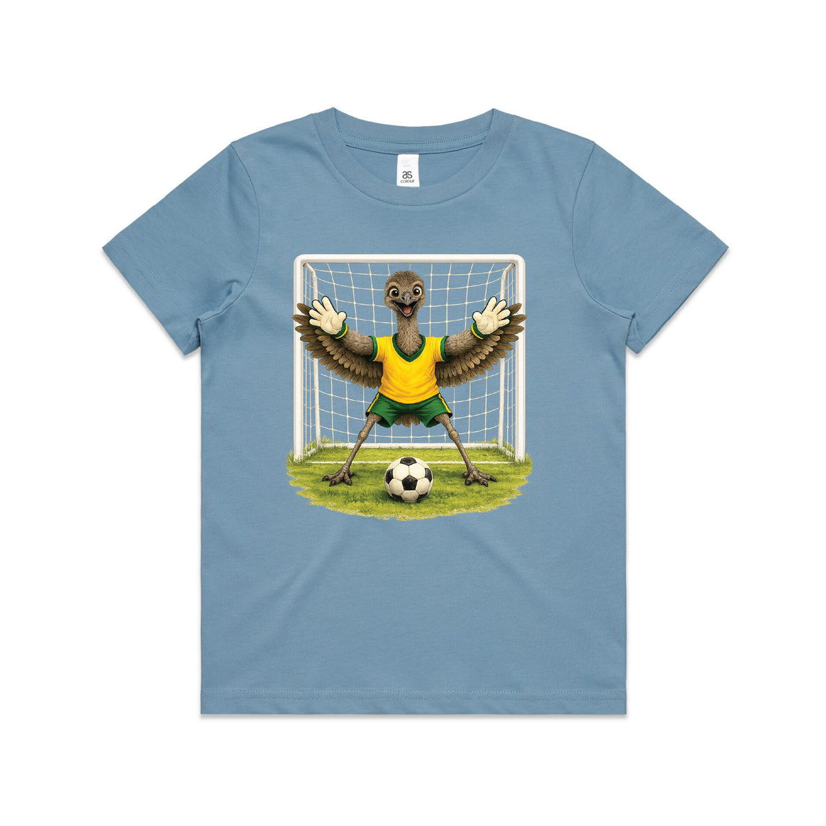 Tilly&Wilbur blue kids tee printed with an illustrated emu goalkeeper in a green and gold soccer kit on a white background