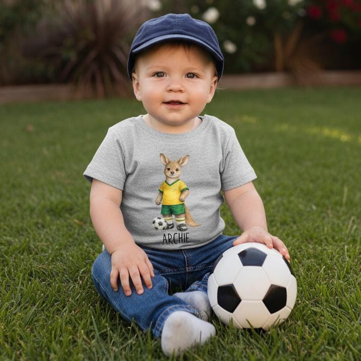 Personalised Soccer Kangaroo Shirt Kids, Aussie Football Tee With Name, Soccer Fan Top