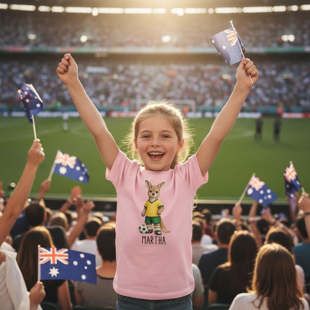 Excited young girl cheering at a soccer stadium wearing a pink personalised Soccer Kangaroo t-shirt with custom name Martha underneath