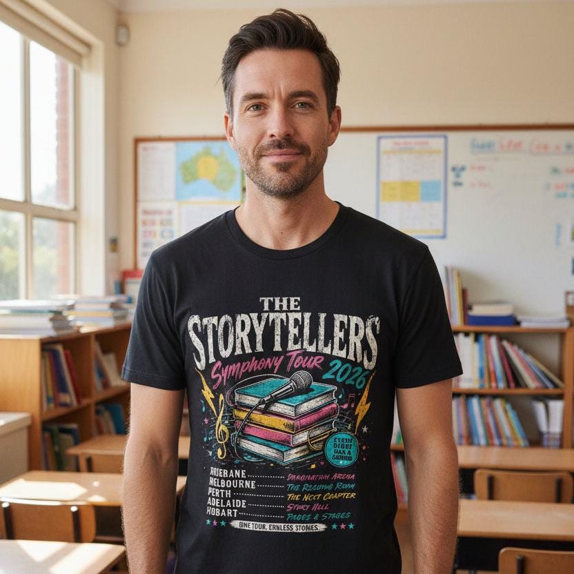 Black t-shirt with vintage tour poster style design featuring stacked books, microphone and The Storytellers Symphony Tour 2026 Book Week lineup