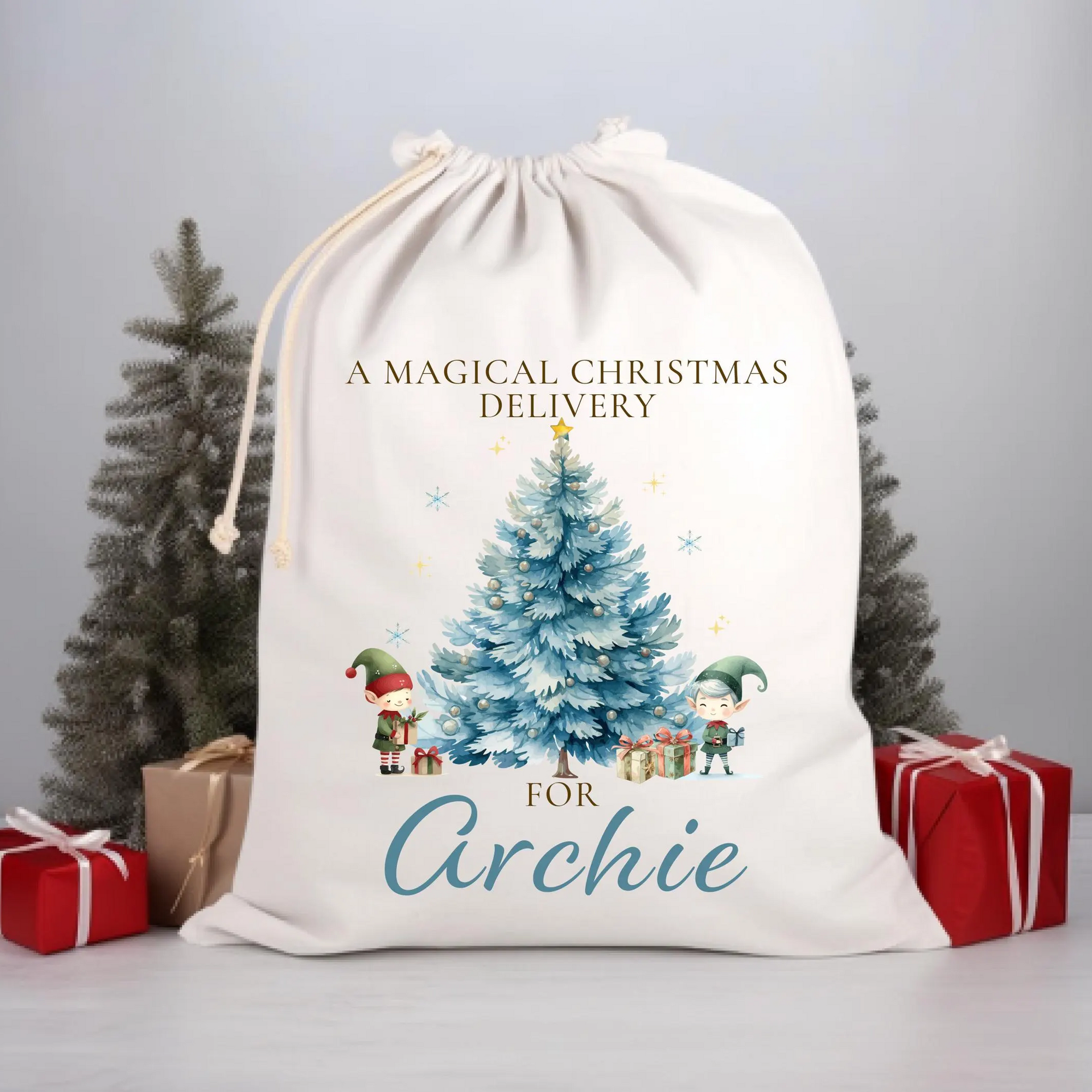 Personalized Christmas gift bag with festive design and text on a light gray background