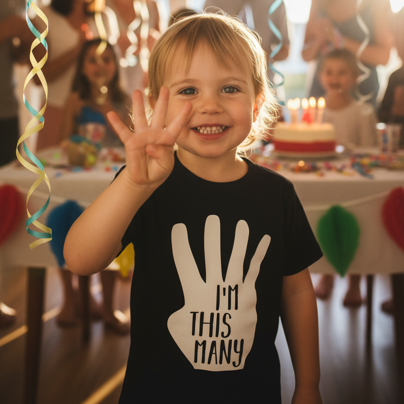 Black t-shirt with white hand print and text 'I'm This Many' on a white background, brand 'tilly & willy' visible.