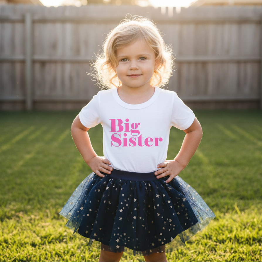 Big Sister T-Shirt - Bold Pink Print Big Sister Announcement Tee