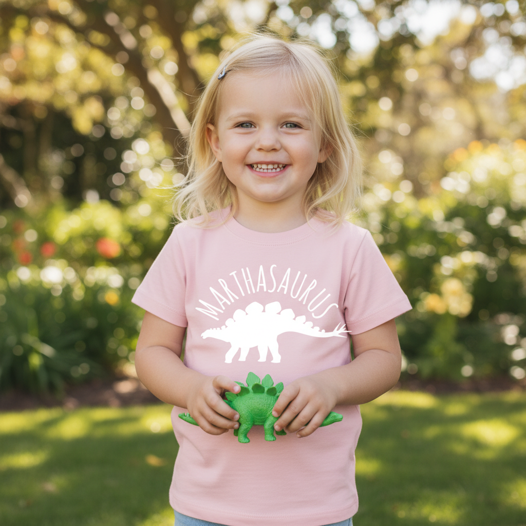 Personalised dinosaur kids shirt with custom name and stegosaurus design in sage green