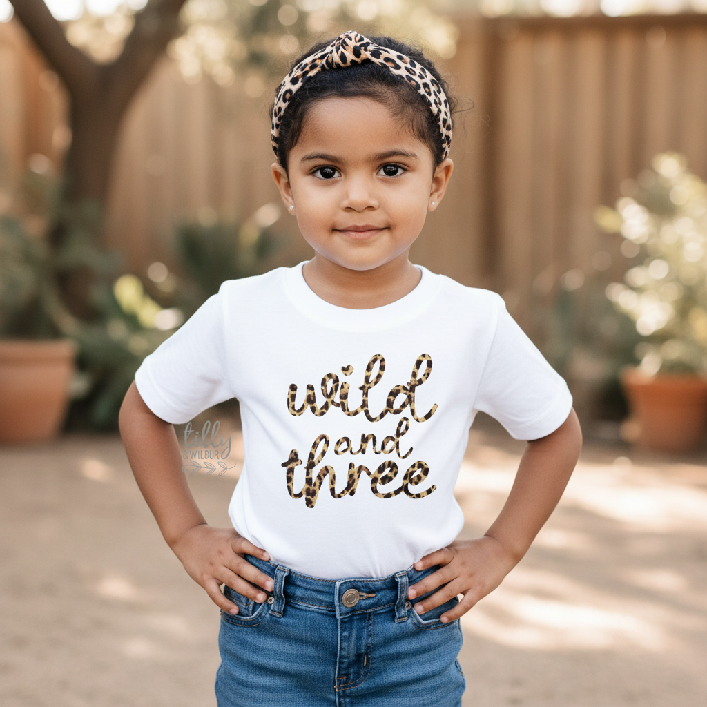 White kids t-shirt with Wild And Three in leopard print script, worn by a young girl.