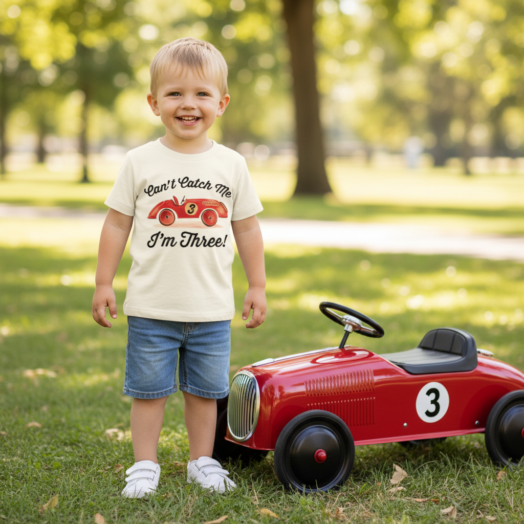 Natural kids t-shirt with a red vintage race car reading Can't Catch Me I'm Three.