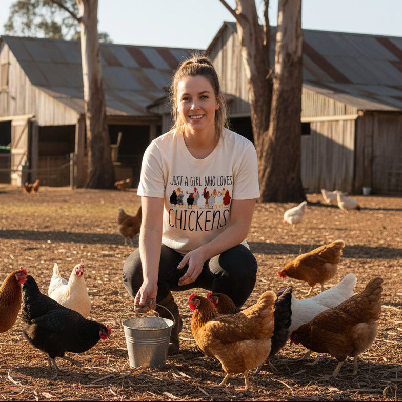 Woman in a farm setting with chickens and a shirt that says 'Just a girl who loves chickens'.
