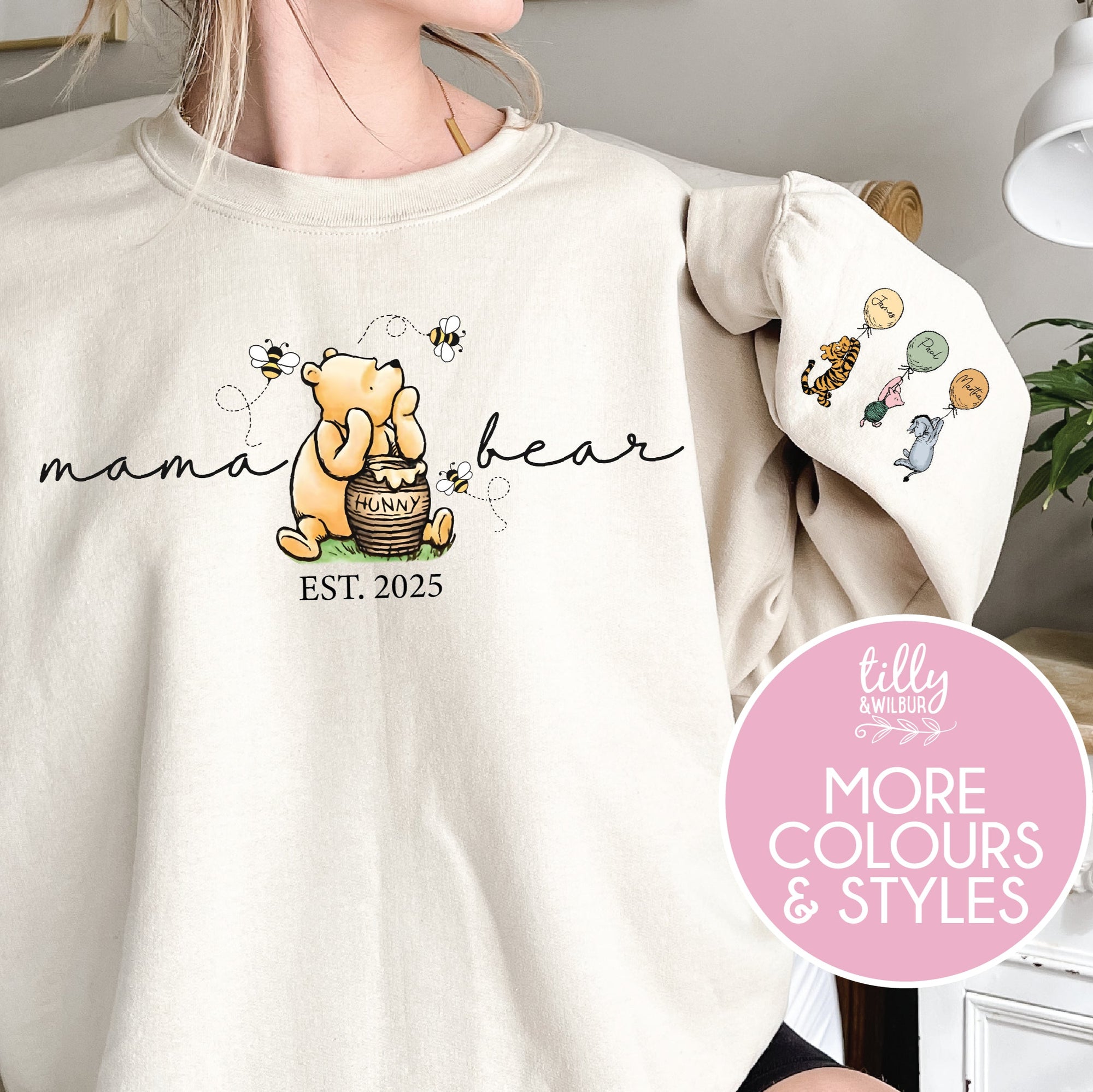 Classic Winnie the Pooh Mother's Day Gift, With Est Year and Character with Name/s on Sleeve