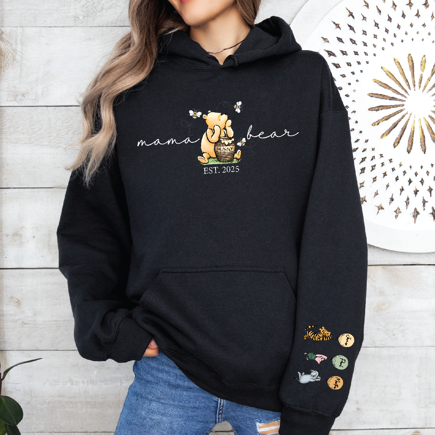 Classic Winnie the Pooh Mother's Day Gift, Black Hoodie With Est Year and Character with Name/s on Sleeve
