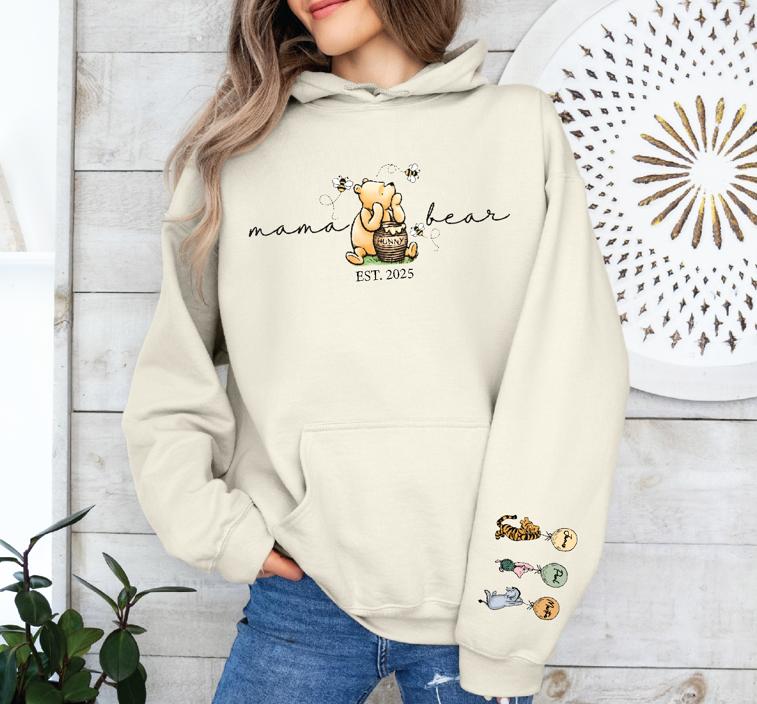 Classic Winnie the Pooh Mother's Day Gift, Ecru Hoodie With Est Year and Character with Name/s on Sleeve