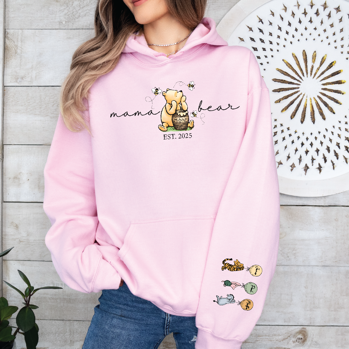 Classic Winnie the Pooh Mother's Day Gift, Pink Hoodie With Est Year and Character with Name/s on Sleeve
