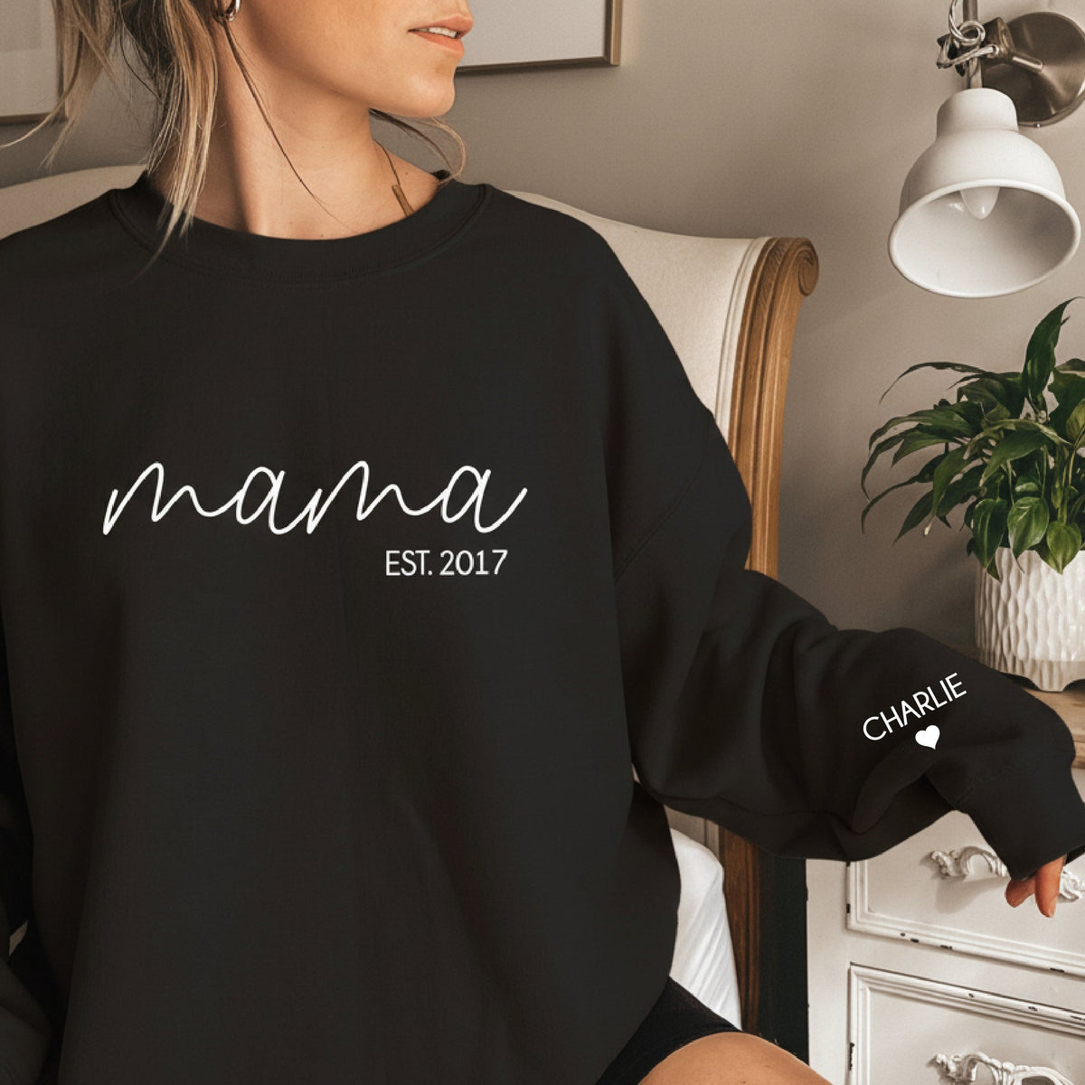 Personalised mama sweatshirt with custom est year and sleeve name detail black jumper Australia