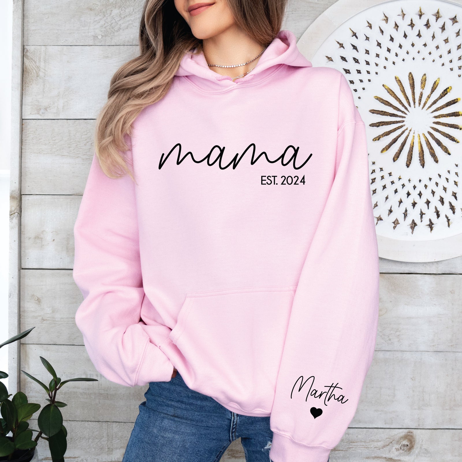 Personalised Mama Hoodie | EST Year & Sleeve Name | Custom Mum Sweatshirt | Black Pink Ecru