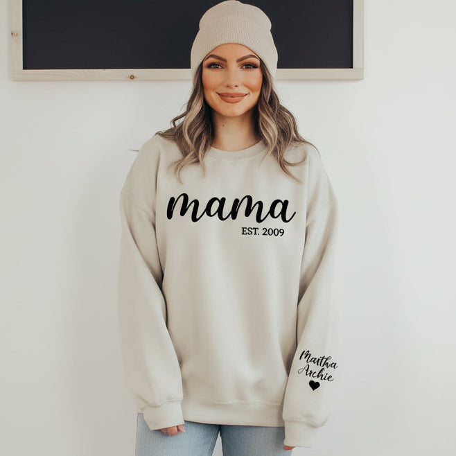 Personalised mama sweatshirt with custom est year printed on front and optional sleeve names Australia