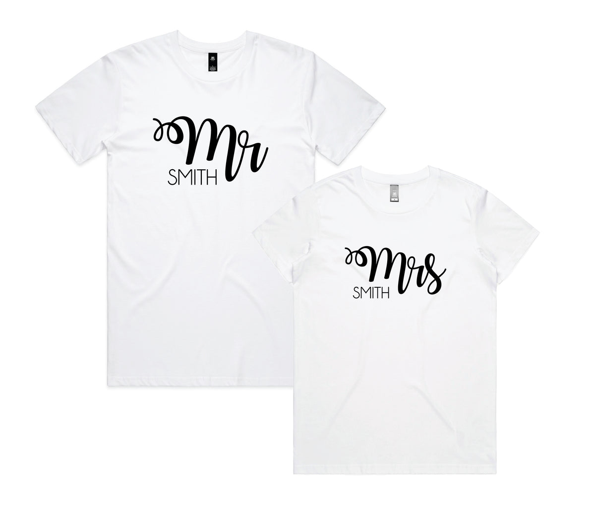 White men's t-shirt reading Mr Smith and a white women's t-shirt reading Mrs Smith in script.