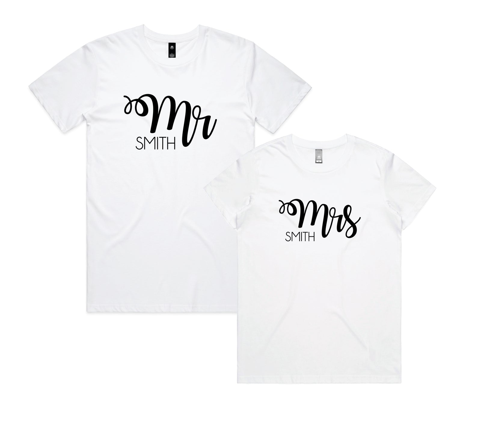 White men's t-shirt reading Mr Smith and a white women's t-shirt reading Mrs Smith in script.