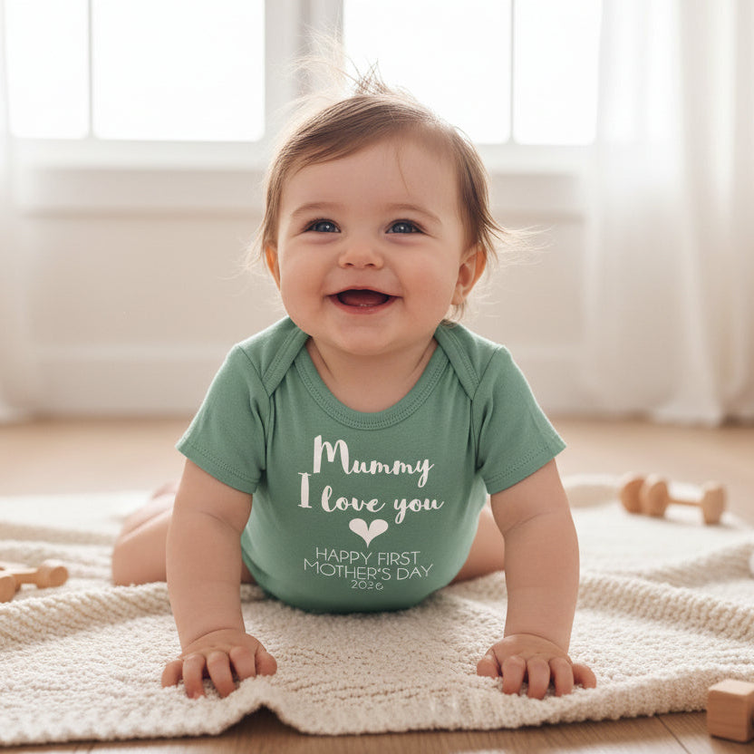 Green baby onesie with 'Mummy I love you Happy First Mother's Day 2026' text on a white background