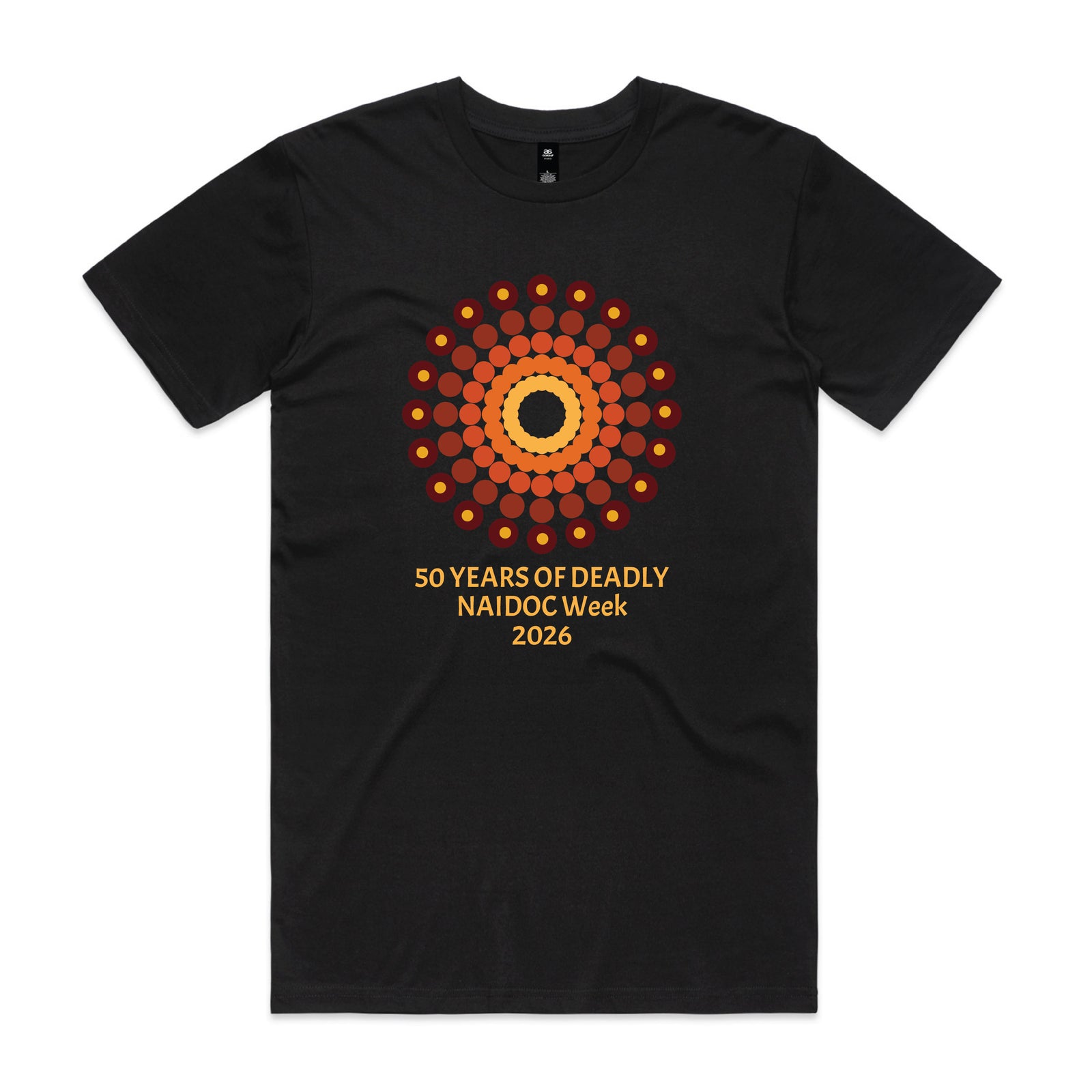 Black t-shirt with orange and yellow 50 design featuring storytelling motifs and 50 Years of Deadly NAIDOC Week 2026 text