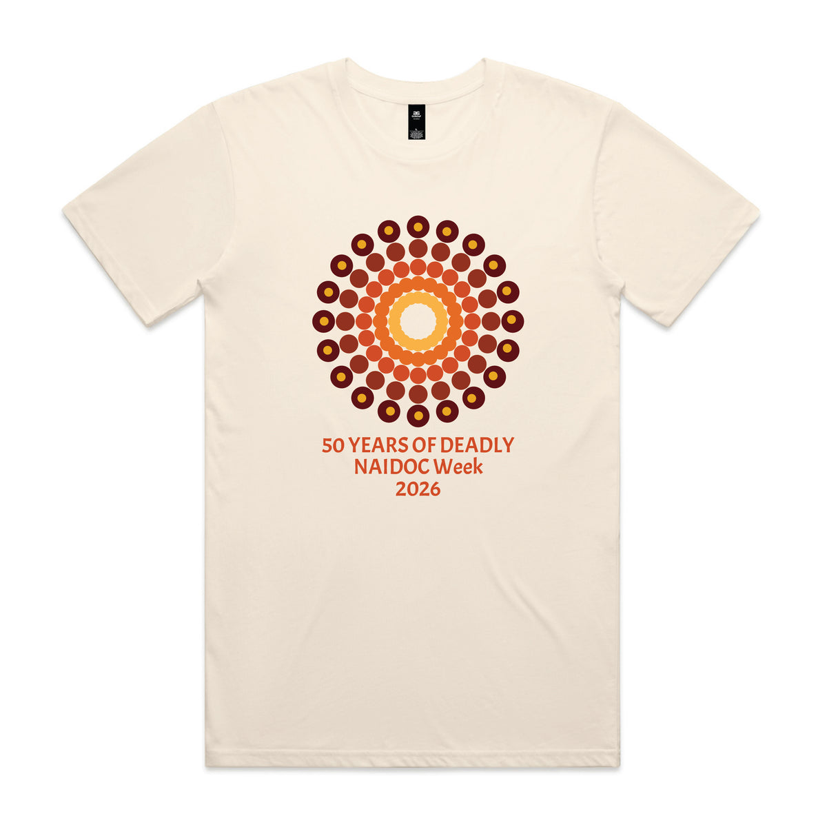 Ecru t-shirt with orange and yellow 50 design featuring storytelling motifs and 50 Years of Deadly NAIDOC Week 2026 text