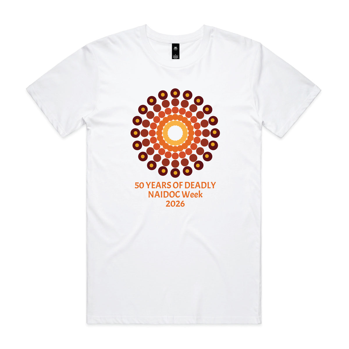 White t-shirt with orange and yellow 50 design featuring storytelling motifs and 50 Years of Deadly NAIDOC Week 2026 text