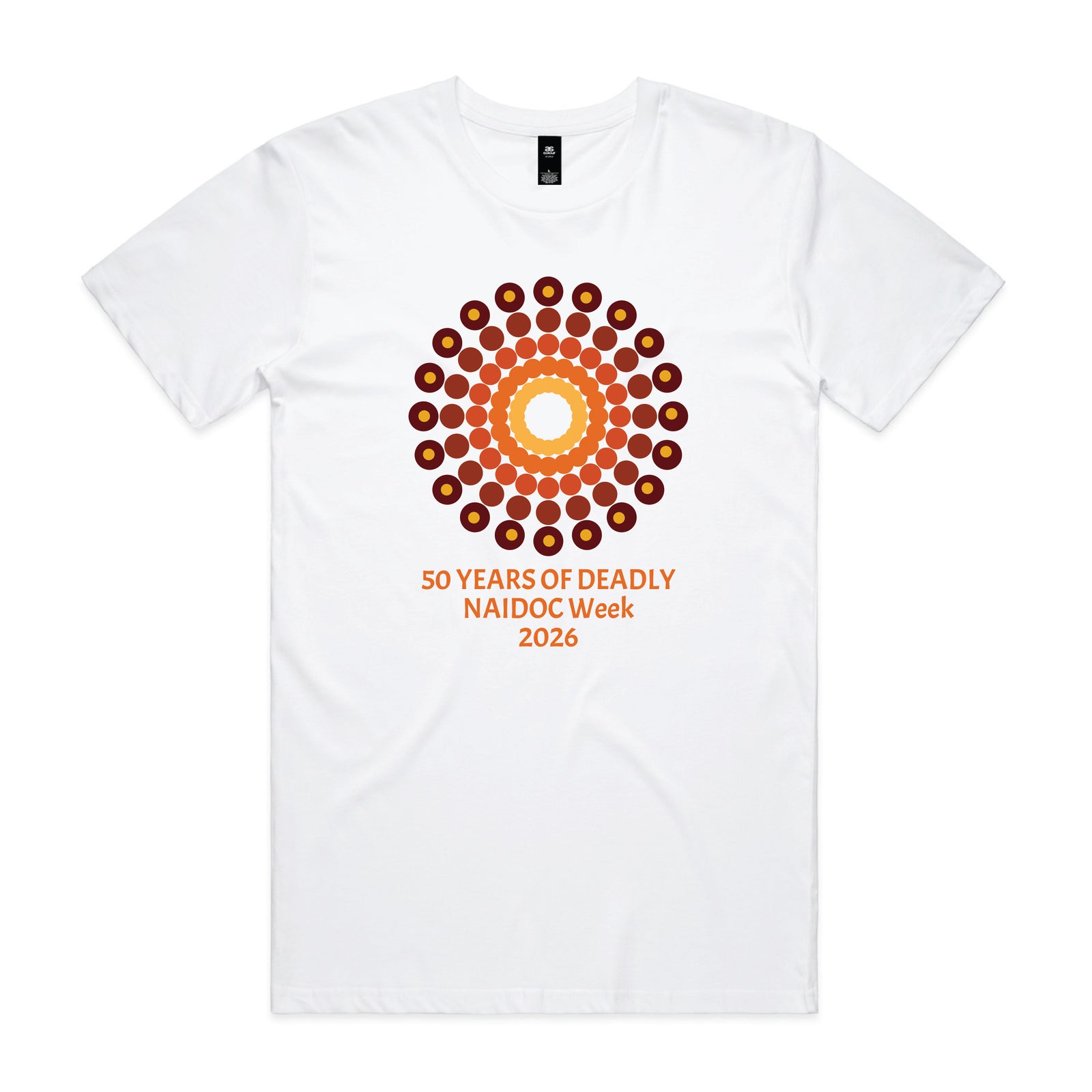 White t-shirt with orange and yellow 50 design featuring storytelling motifs and 50 Years of Deadly NAIDOC Week 2026 text