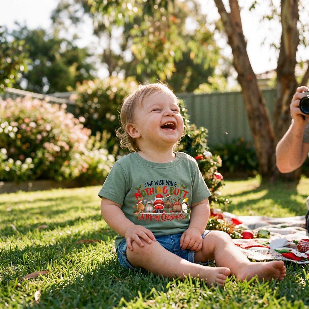 A sage green short-sleeve baby t-shirt with a colorful Christmas graphic on the front. The graphic features the text 'WE WISH YOU NOTHING BUTT A Merry Christmas' with illustrations of Santa Claus and AUstralian animals from behind.