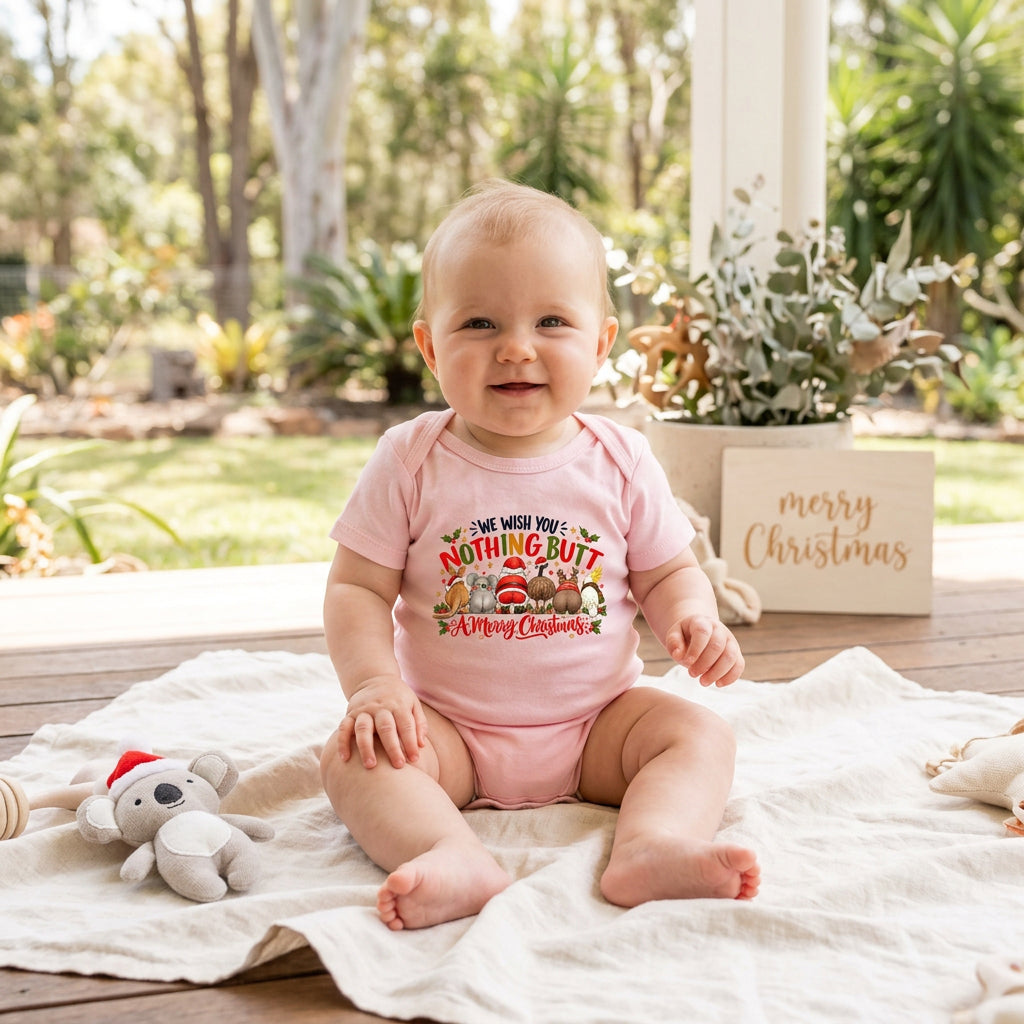 A light pink short-sleeve baby bodysuit with a colorful Christmas graphic on the chest that reads 'We wish you nothing but a Merry Christmas' with Santa, and Australian animals from behind