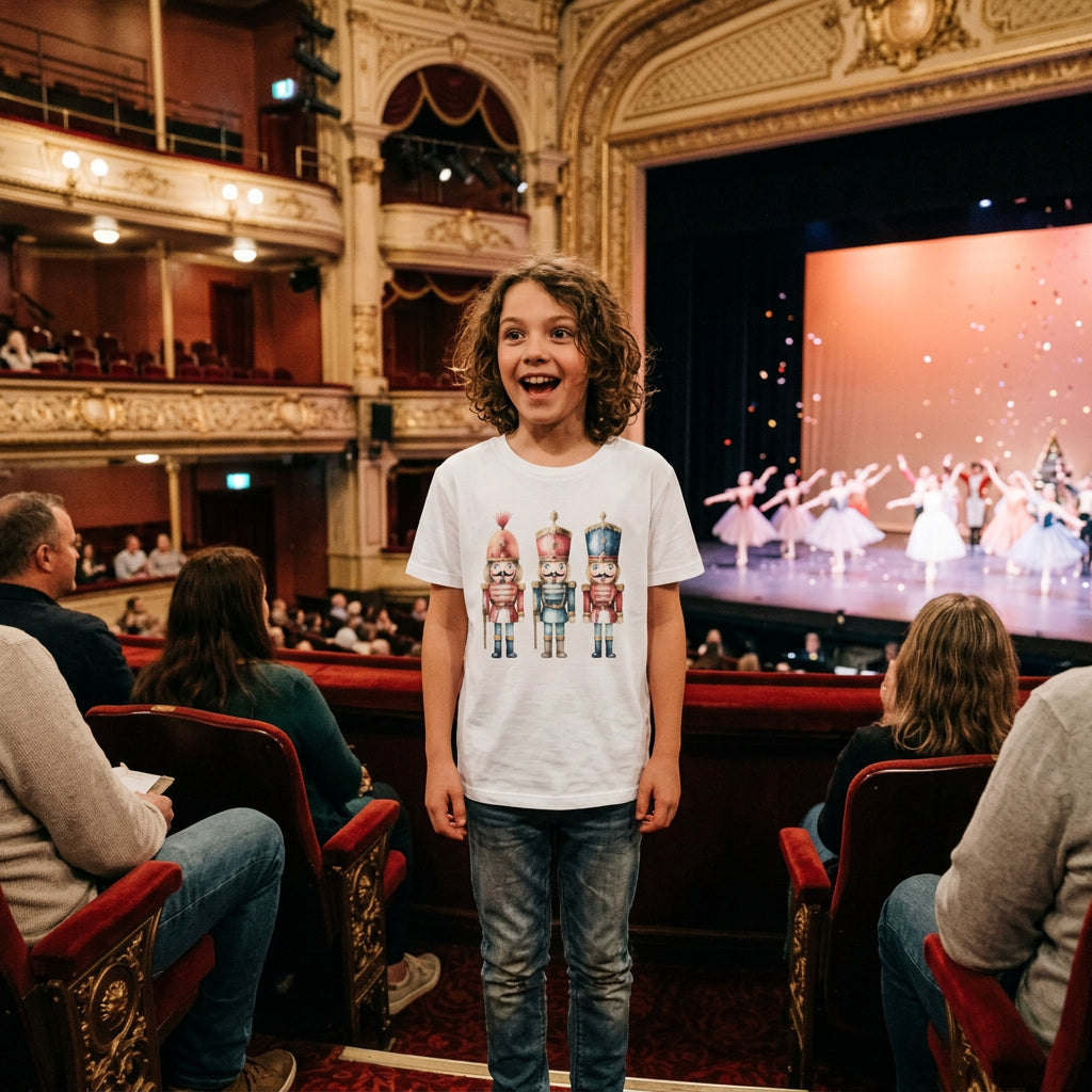 White t-shirt with three watercolour nutcracker soldiers in red and blue uniforms.