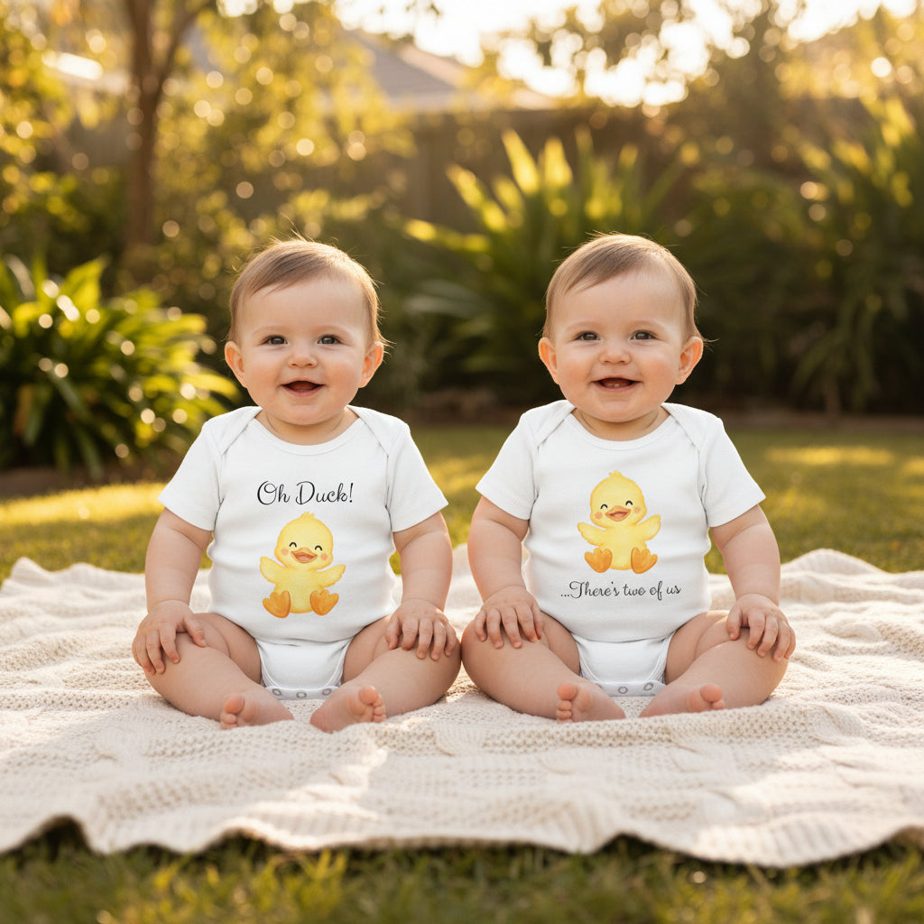 Two white short-sleeve baby bodysuits shown on a plain white background. The left bodysuit has the text 'Oh Duck!' above a yellow duck illustration, and the right bodysuit has '.