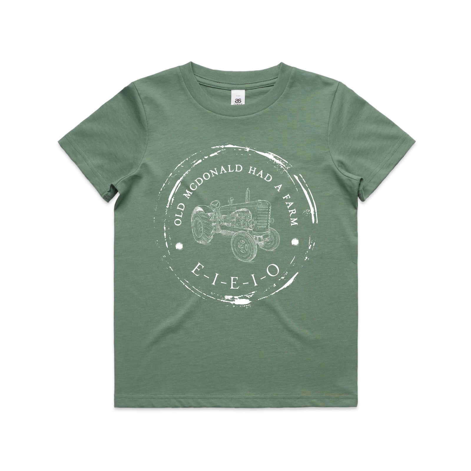 A beige-colored toddler t-shirt with a graphic print of 'Old McDonald Had a Farm' including a tractor illustration and the text 'E-I-E-I-O'.