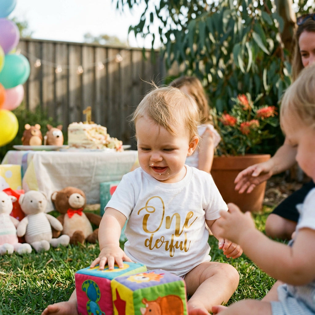 White baby t-shirt reading Onederful in gold script for a first birthday.
