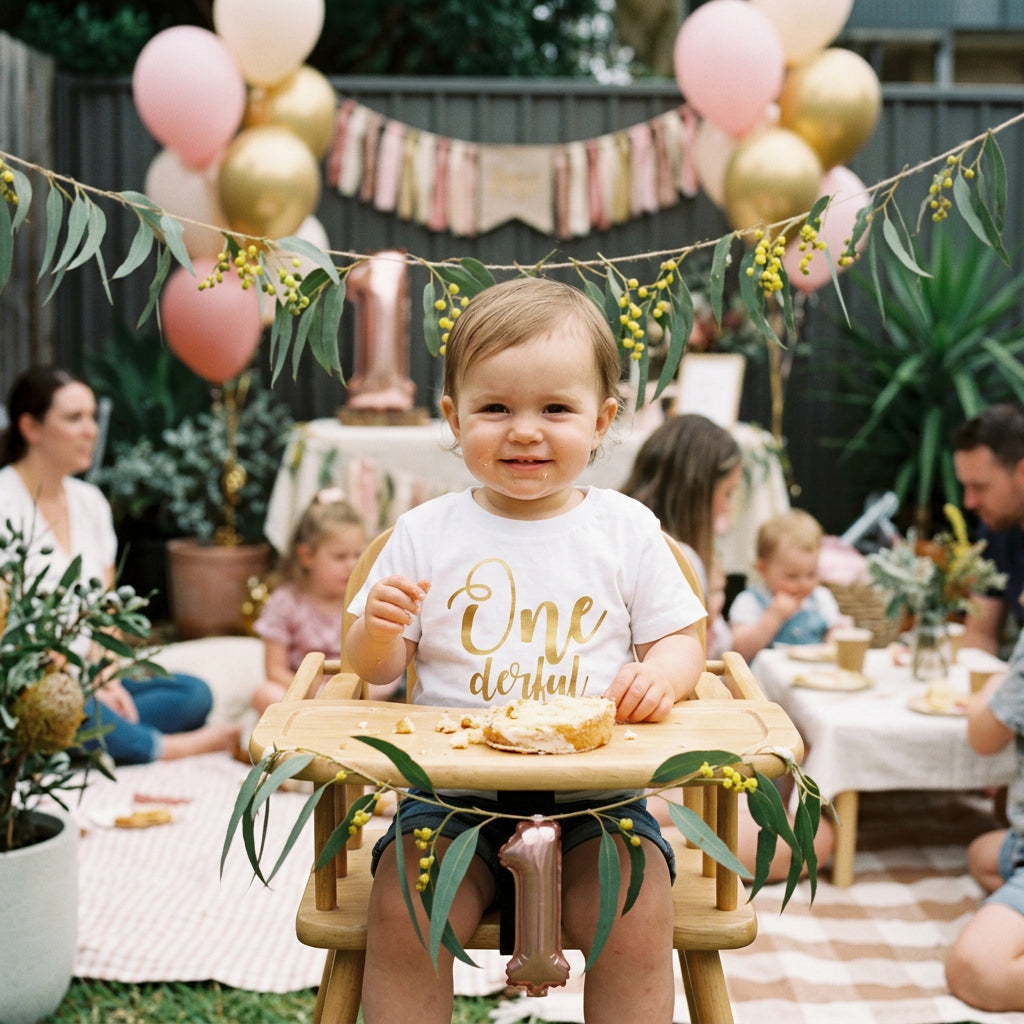 White baby t-shirt reading Onederful in gold script for a first birthday.