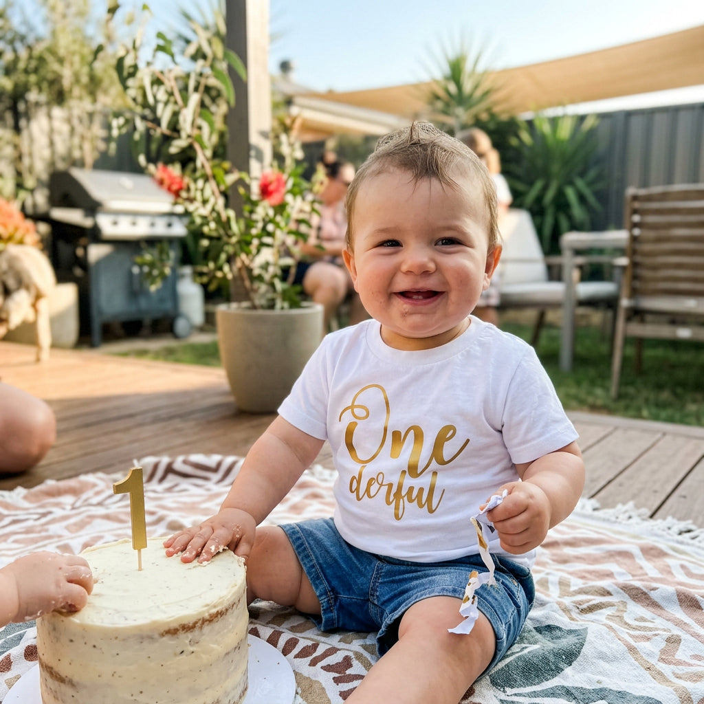 White baby t-shirt reading Onederful in gold script for a first birthday.