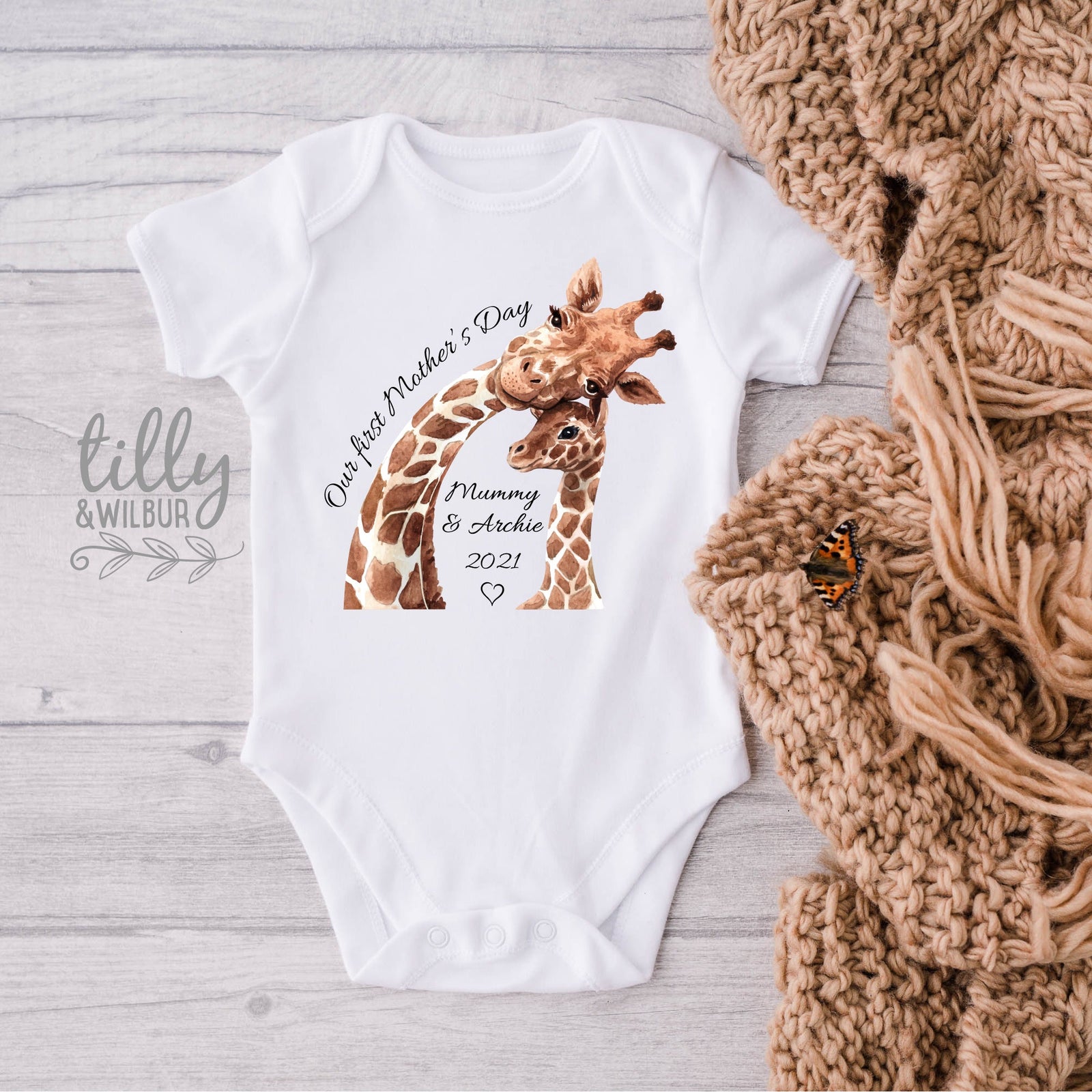 Personalised first Mother’s Day shirts giraffe design custom names and year mum and baby matching outfit Australia