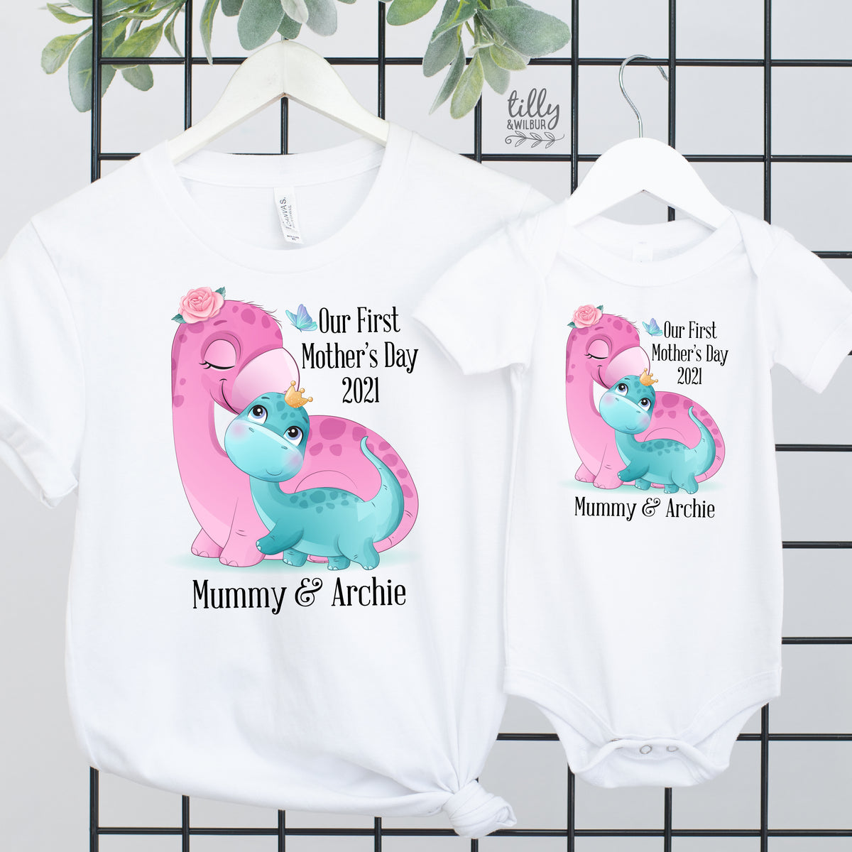 Personalised First Mother’s Day Shirts | Dinosaur Mum & Baby | Custom Name & Year | Matching Set