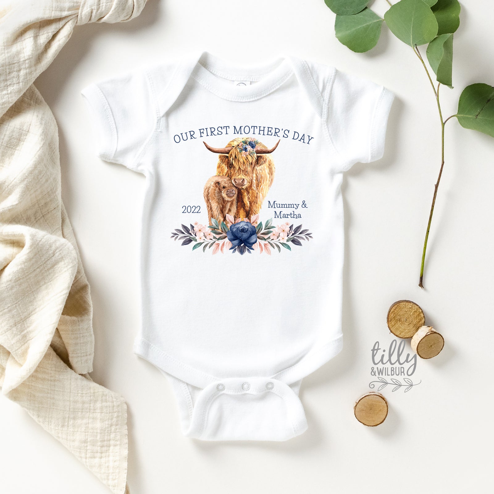 Personalised First Mother’s Day Matching Shirts | Highland Cow Mum & Baby Set | Custom Year & Names