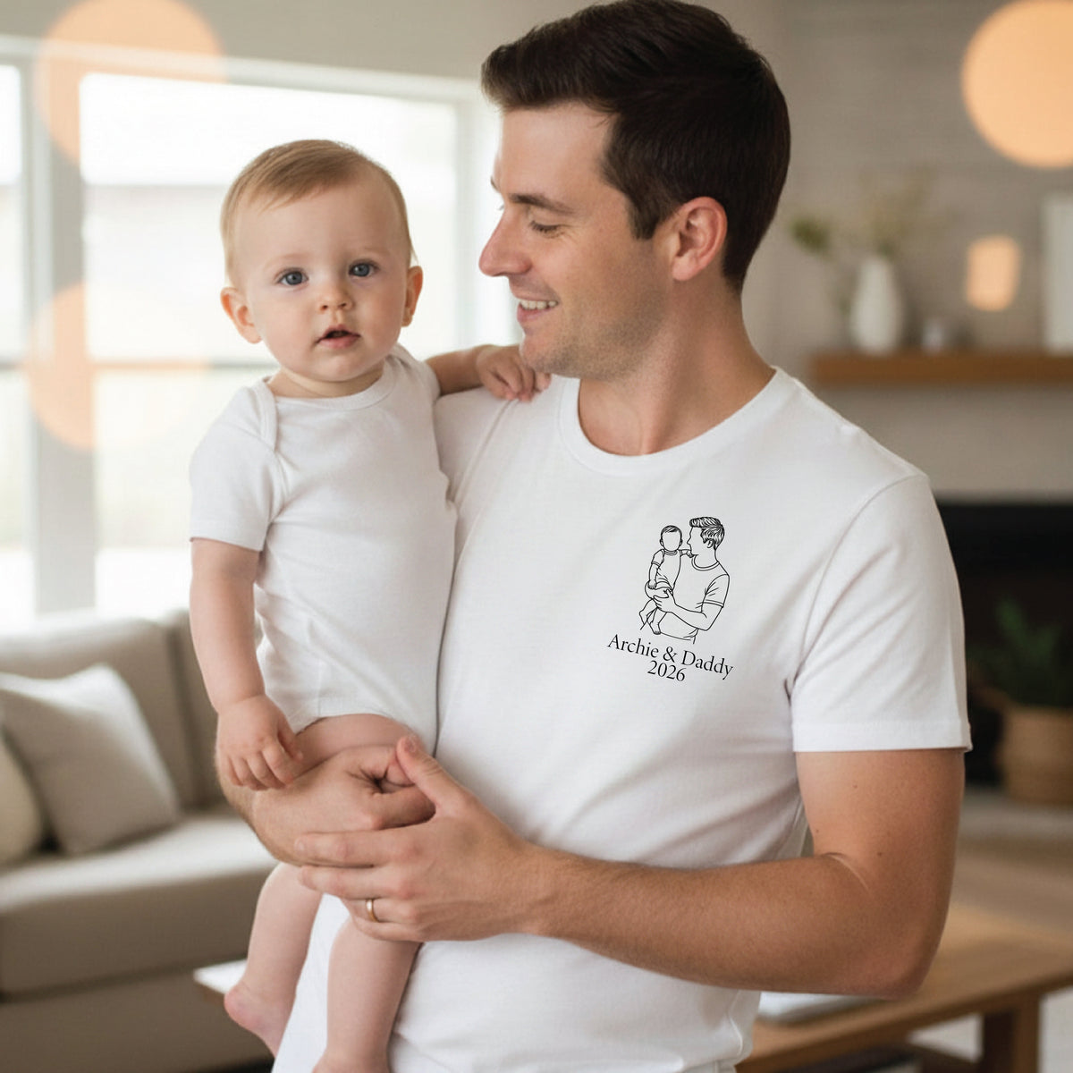 Personalised Dad T-Shirt – Line Art Father & Child Names Tee