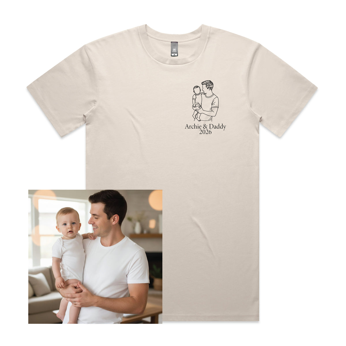 Personalised Dad T-Shirt – Line Art Father & Child Names Tee