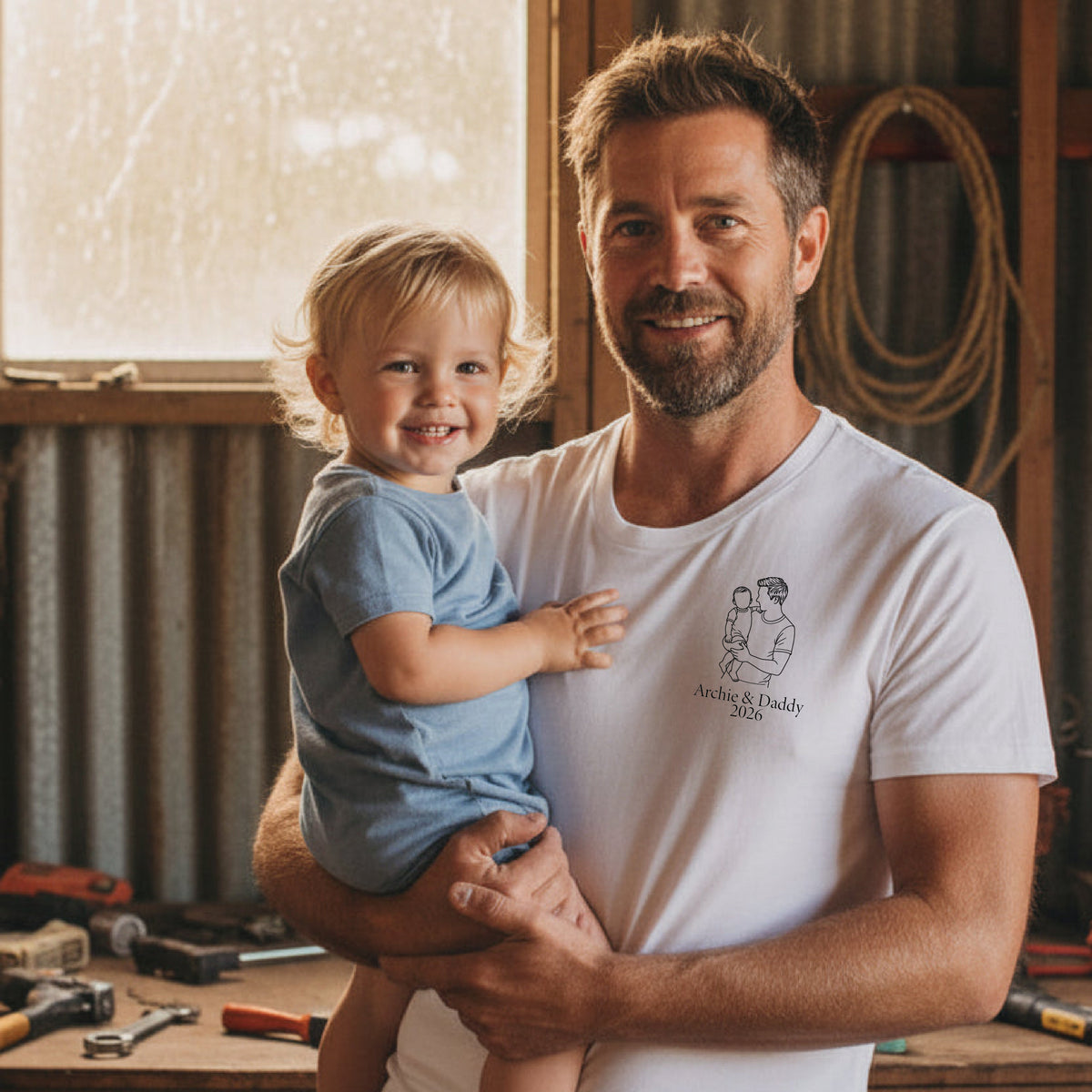 Personalised Dad T-Shirt – Line Art Father & Child Names Tee