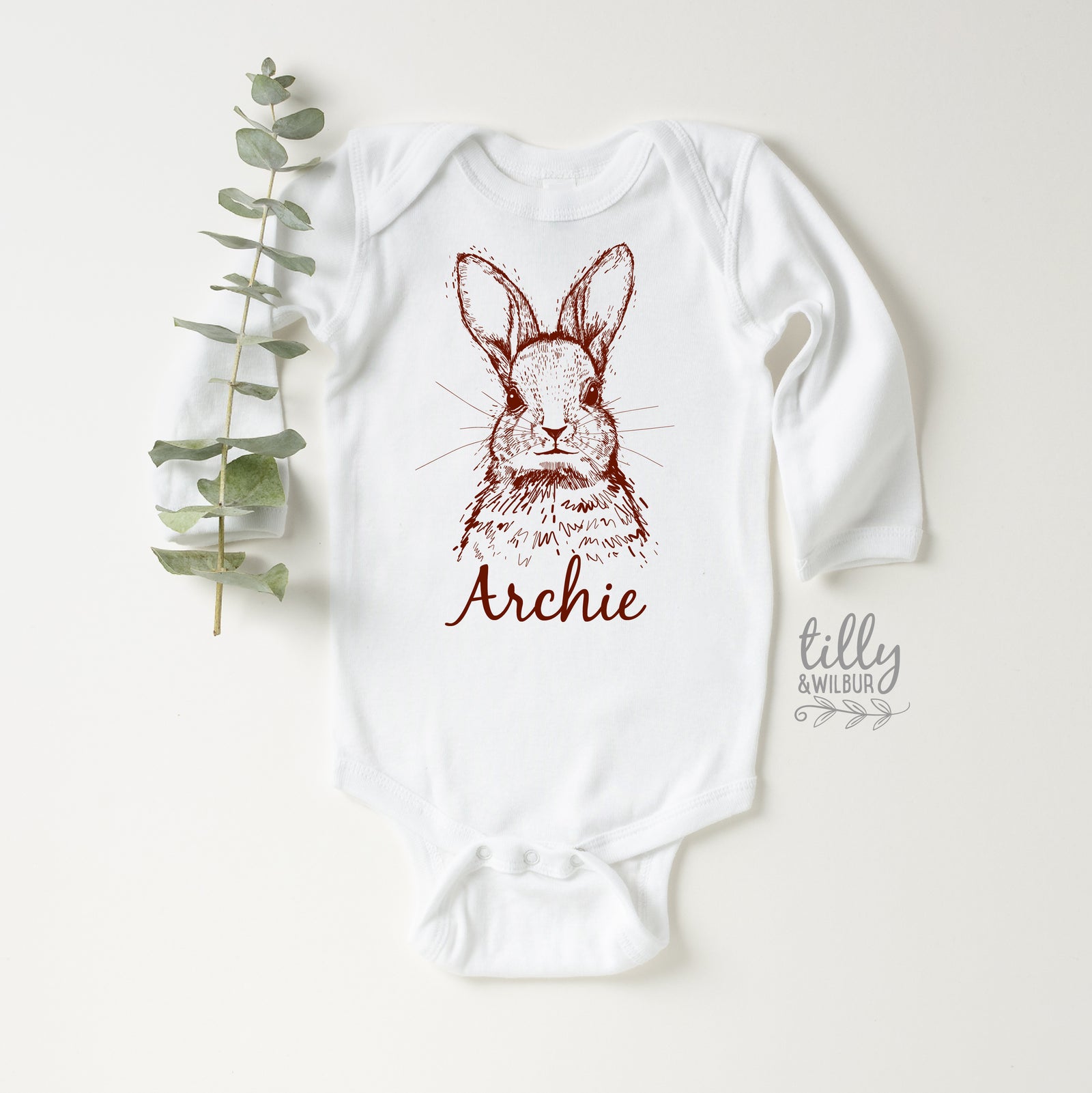 Personalised Sketch Bunny Easter Shirt – Custom Name Minimal Bunny Top for Babies, Toddlers & Kids