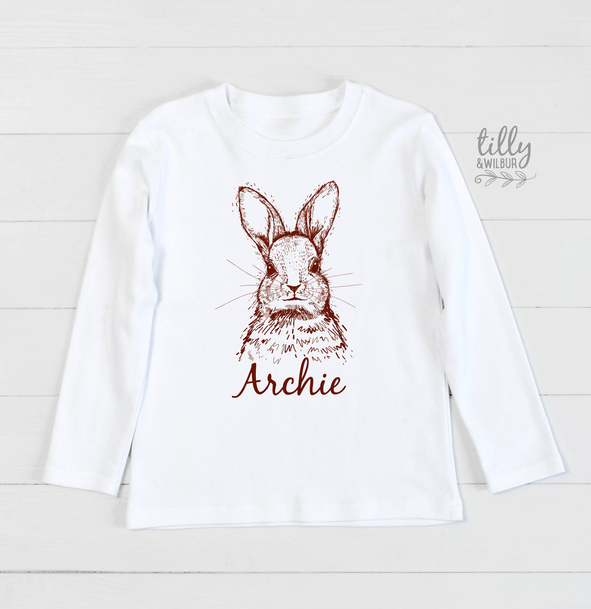 Personalised Sketch Bunny Easter Shirt – Custom Name Minimal Bunny Top for Babies, Toddlers & Kids