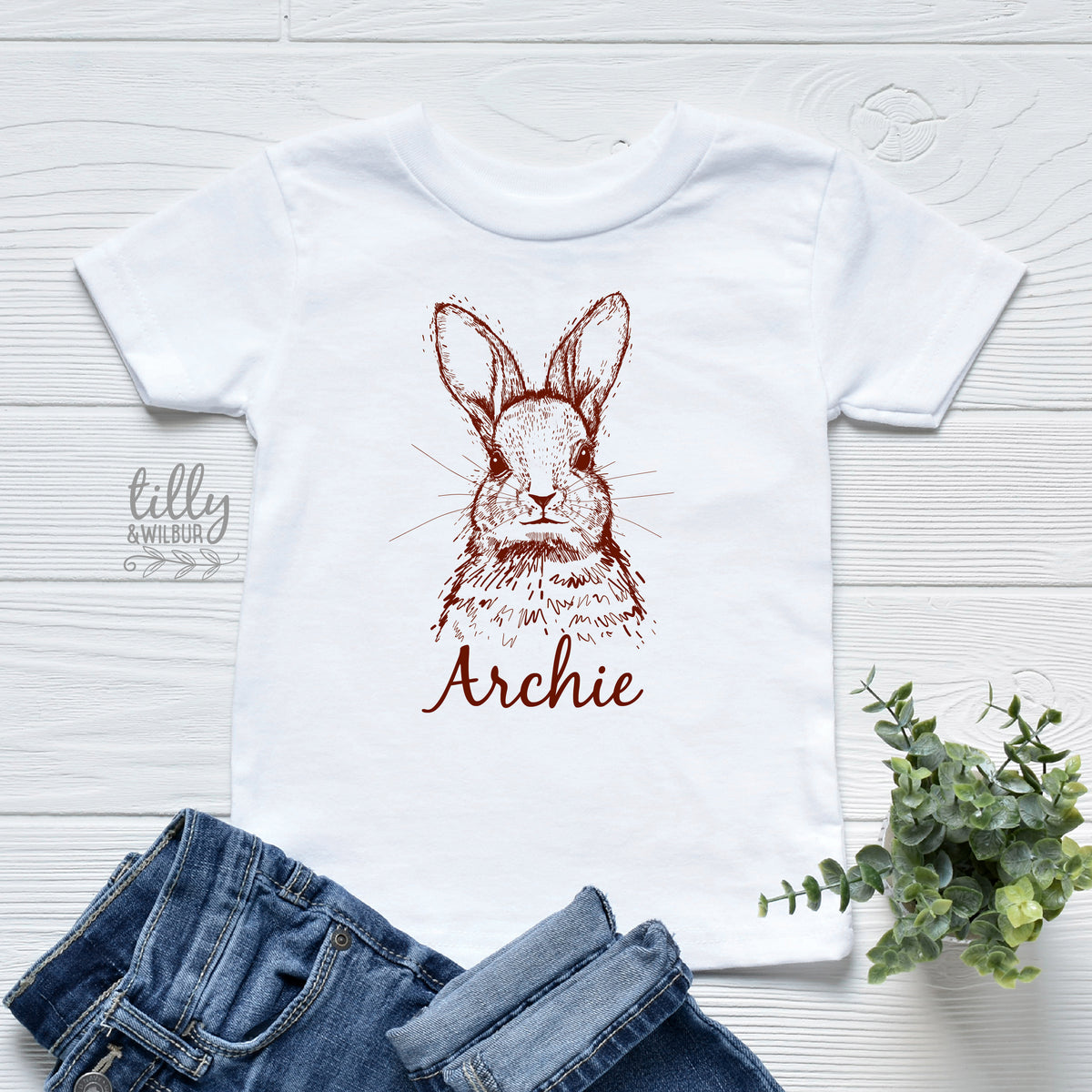 Personalised Sketch Bunny Easter Shirt – Custom Name Minimal Bunny Top for Babies, Toddlers & Kids