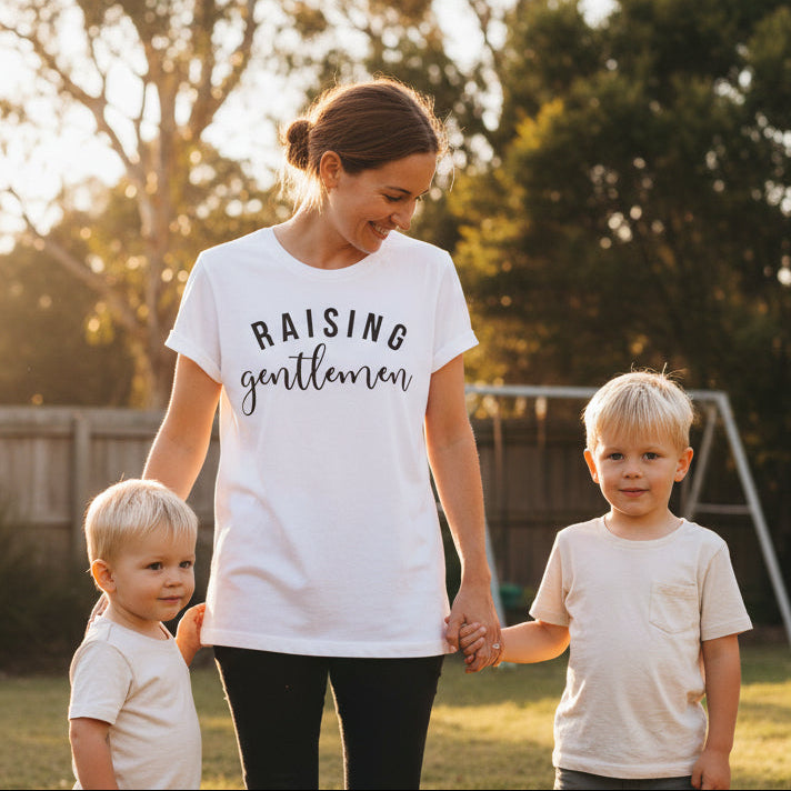 raising gentlemen shirt, boy mum t-shirt, motherhood shirt for boys, neutral aesthetic mum tee, Mother’s Day gift for mum of boys